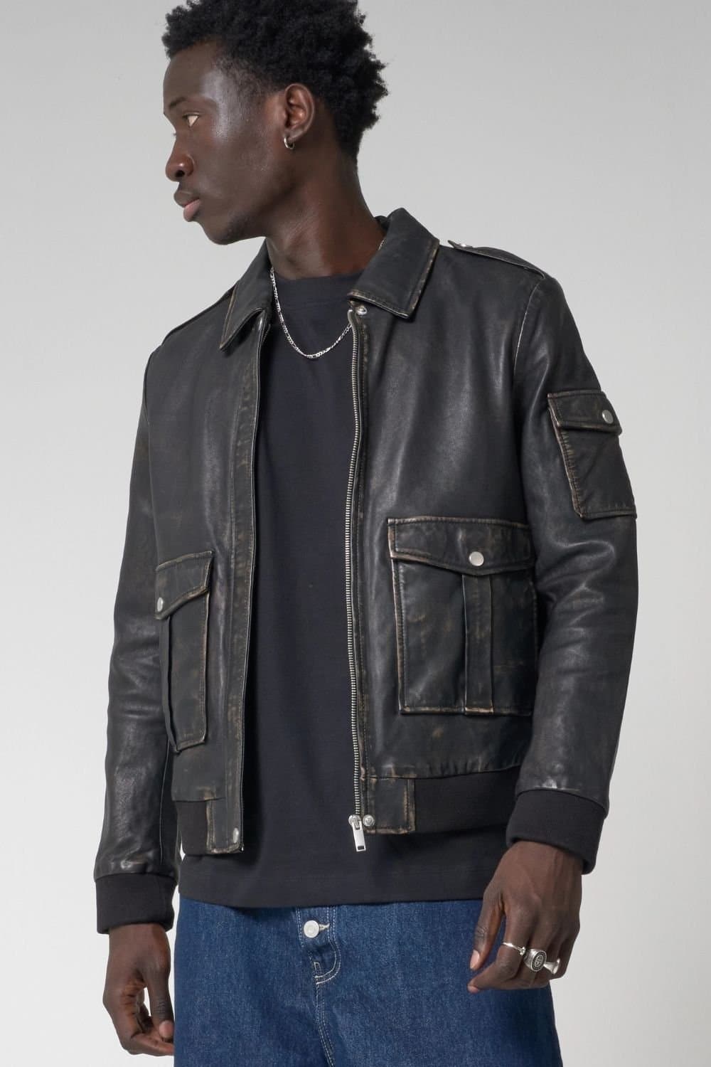 Barneys Originals Barneys Originals Men's Veg-Tanned Real Leather Bomber Jacket in Black