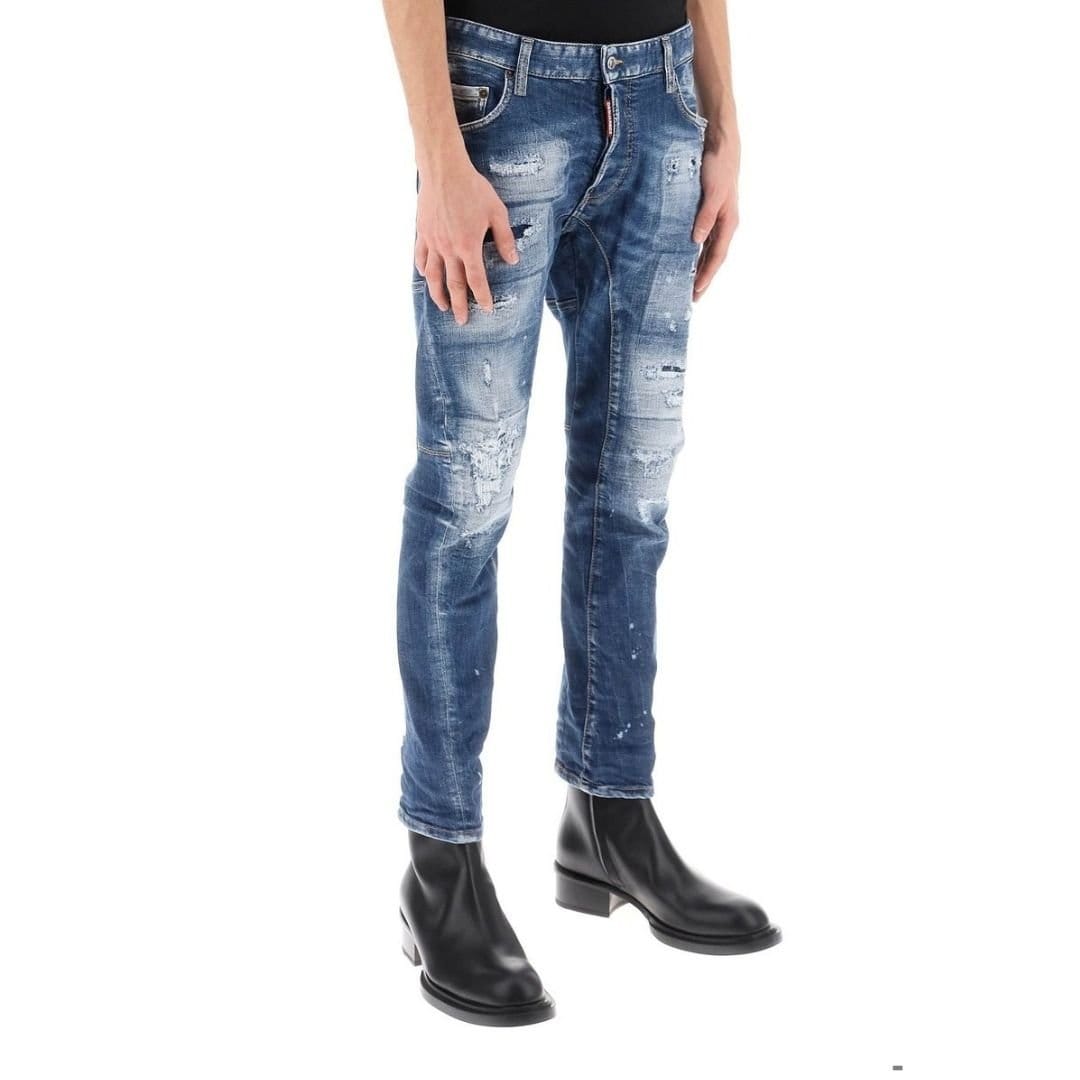 Dsquared2 Dsquared2 Men's Tidy Biker Jean Paint Splash Reinforced Ripped Blue Jeans - 4