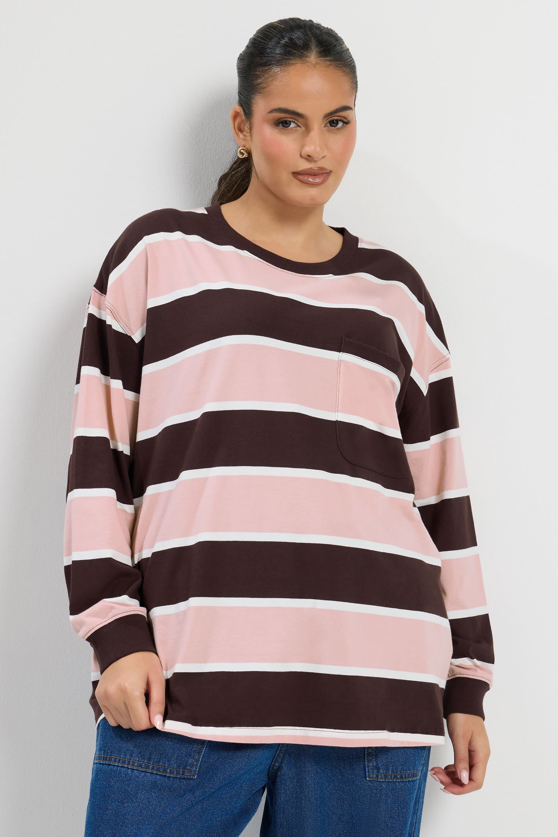 Yours Plus Size Brown & Pink Stripe Long Sleeve Pocket Top