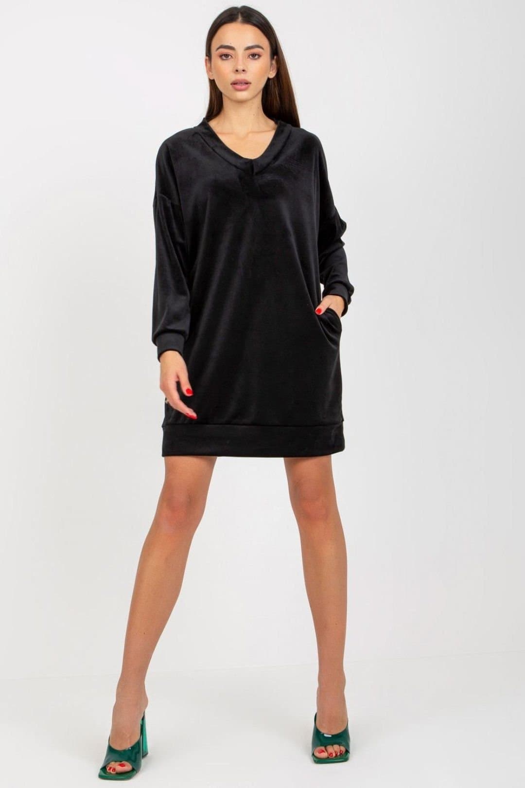 Love Lace Love Lace Women's Short Velour Heart Neck Long Sleeve Dress in Black