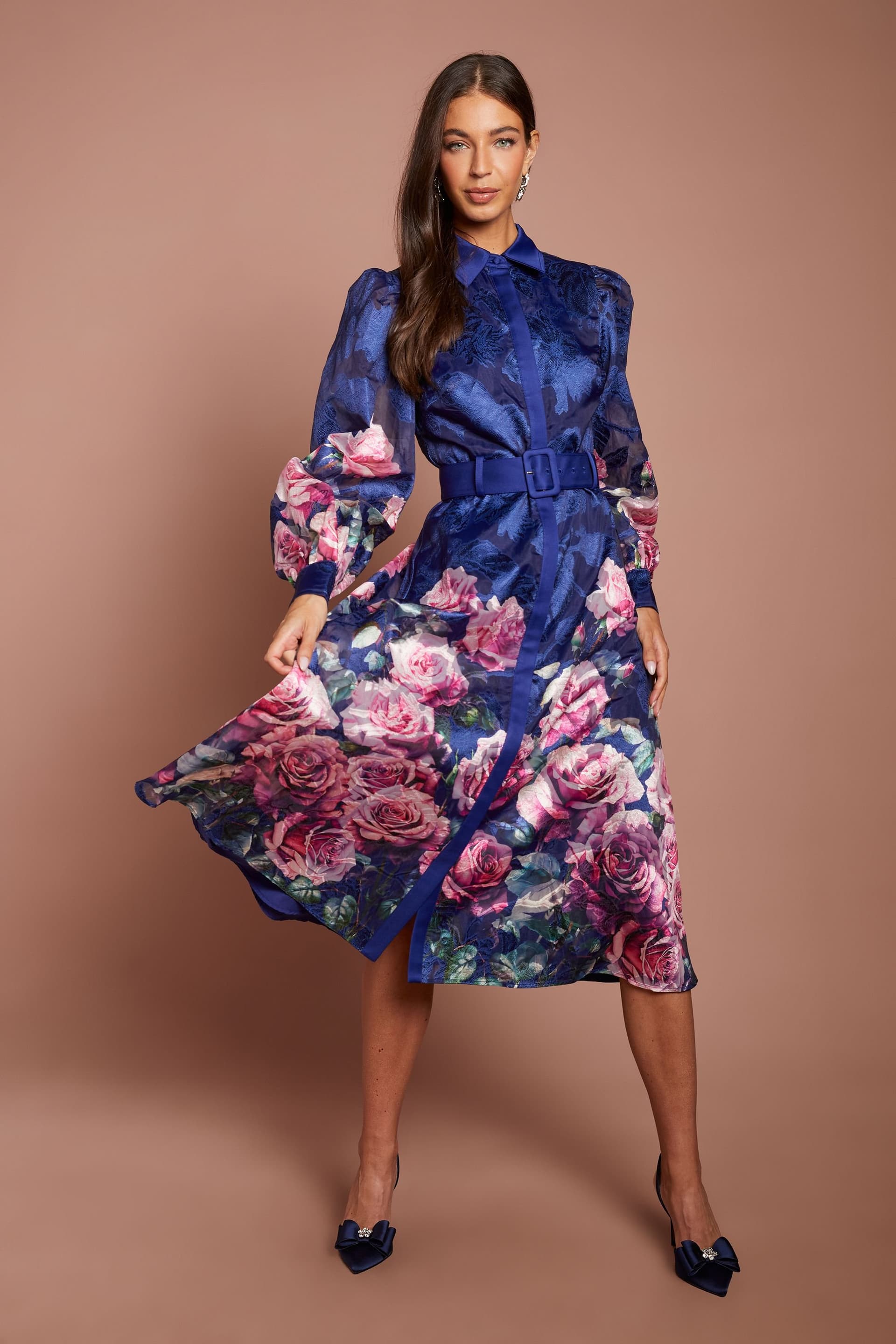 Coast Coast Women's Printed Jacquard Shirt Dress With Belt in Navy