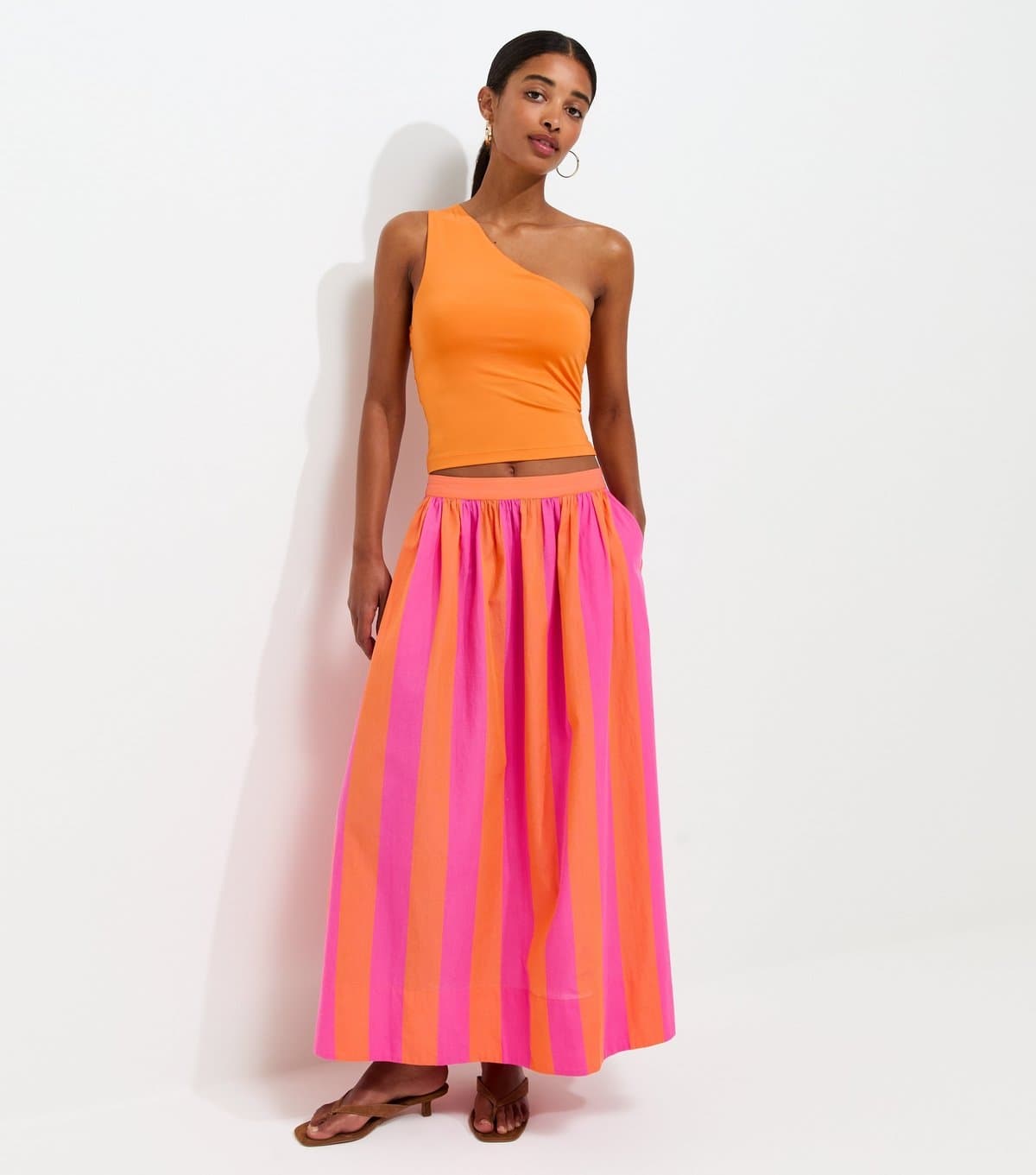 New Look Women's Pink Stripe Pop Circle Cotton Midi Skirt New Look