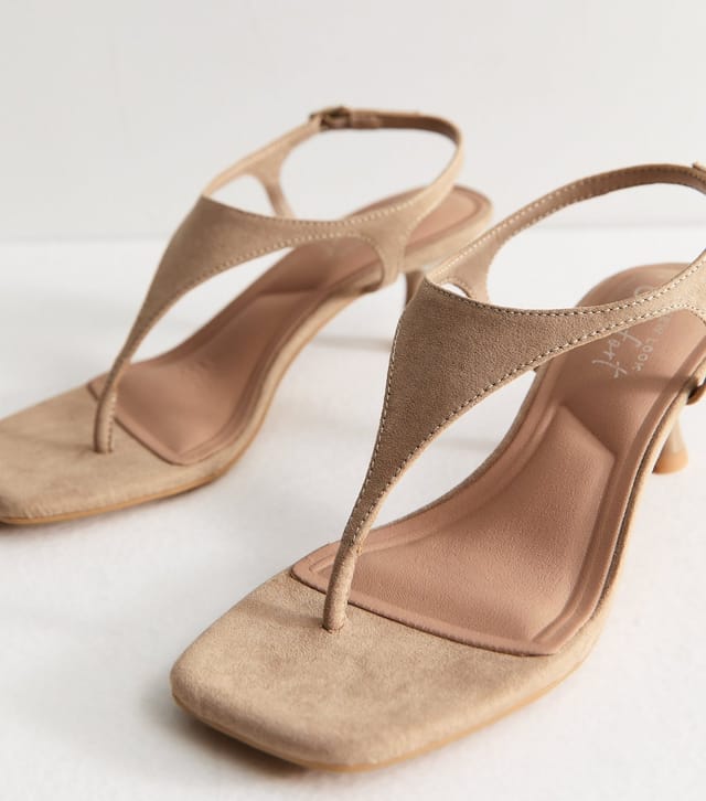 New Look Women's Light Brown Faux Suede Toe Post Kitten Heel Sandals Vegan New Look - 3