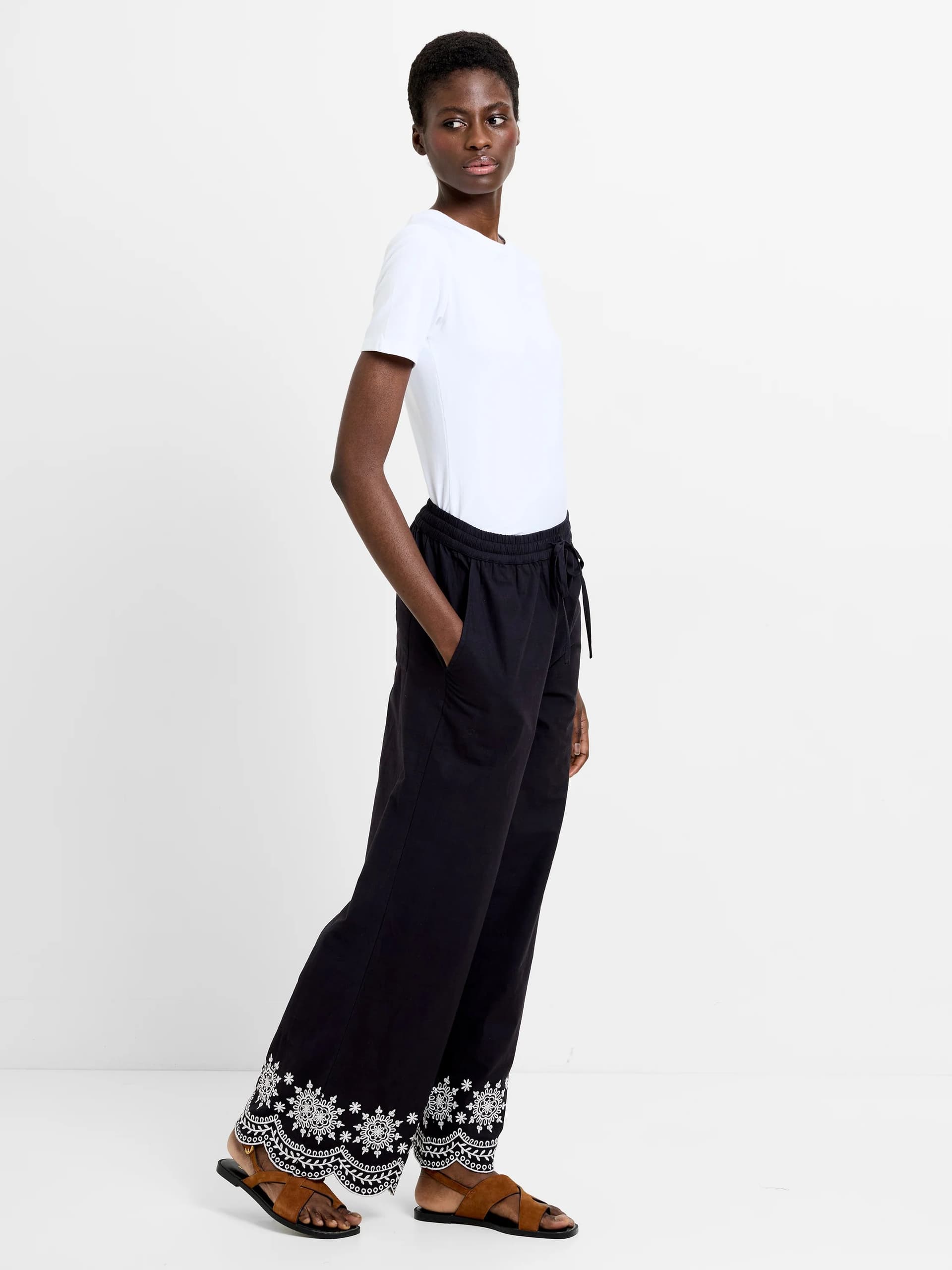 French Connection Alissa Cotton Embroidered Hem Trousers Black