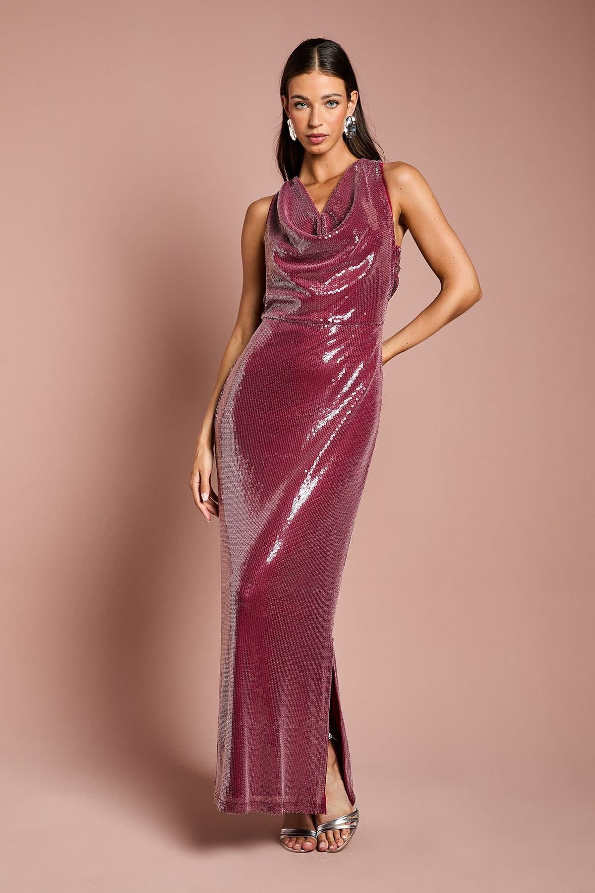 Coast Coast Women's Muse Cowl Front Halter Sequin Maxi Dress in Plum