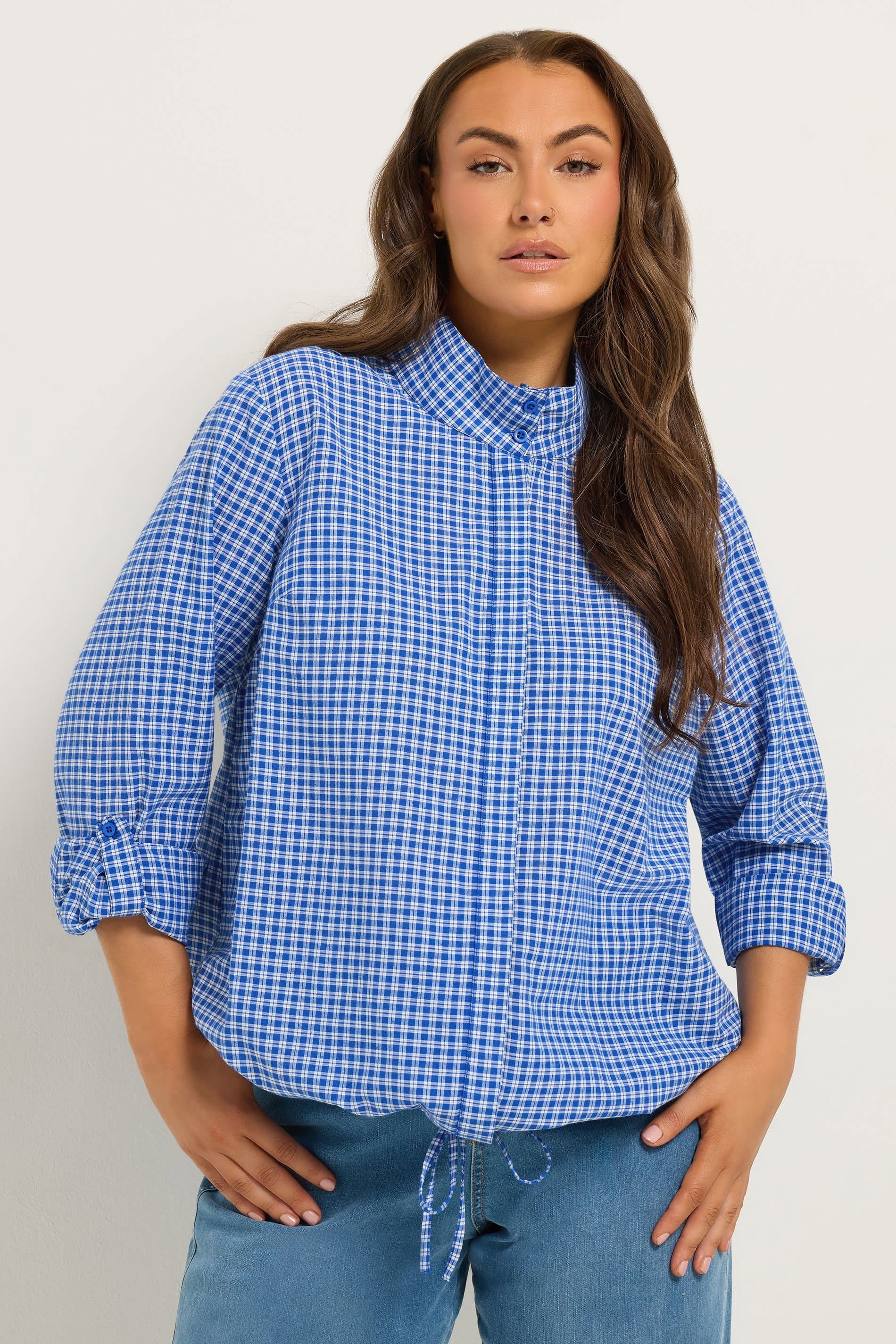 Yours Plus Size Blue Check Funnel Neck Shirt