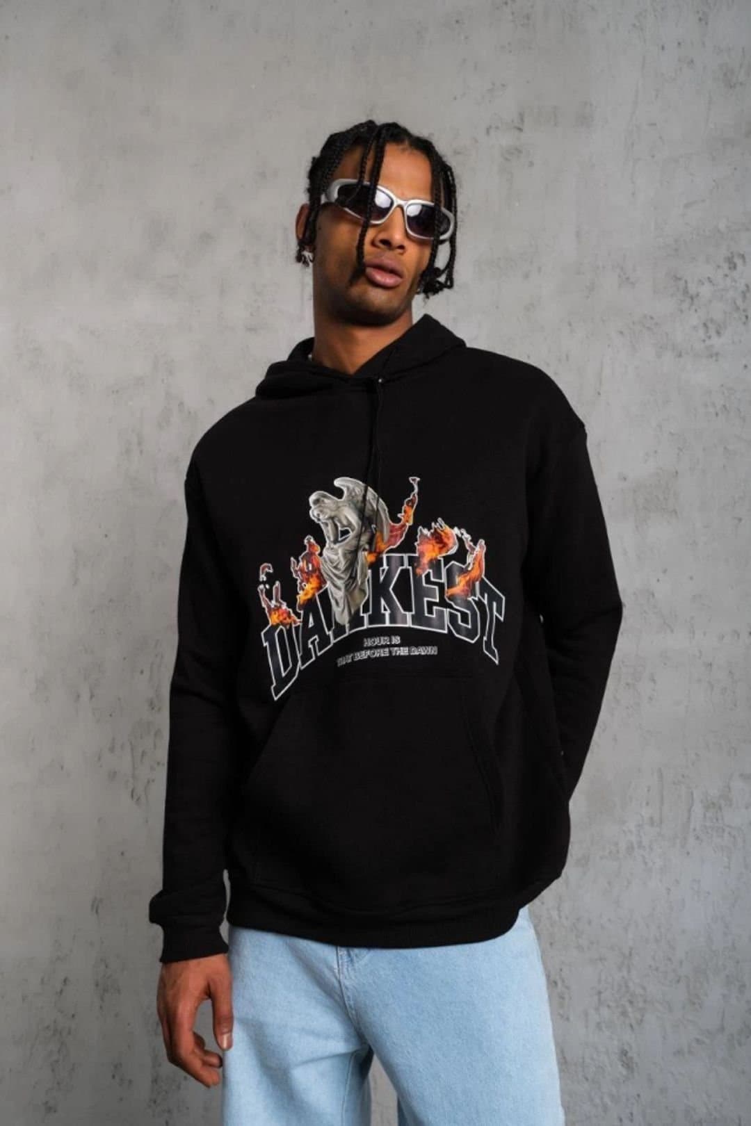 Janes Janes Men's Oversized Hooded Sweatshirt with Text Print in Black