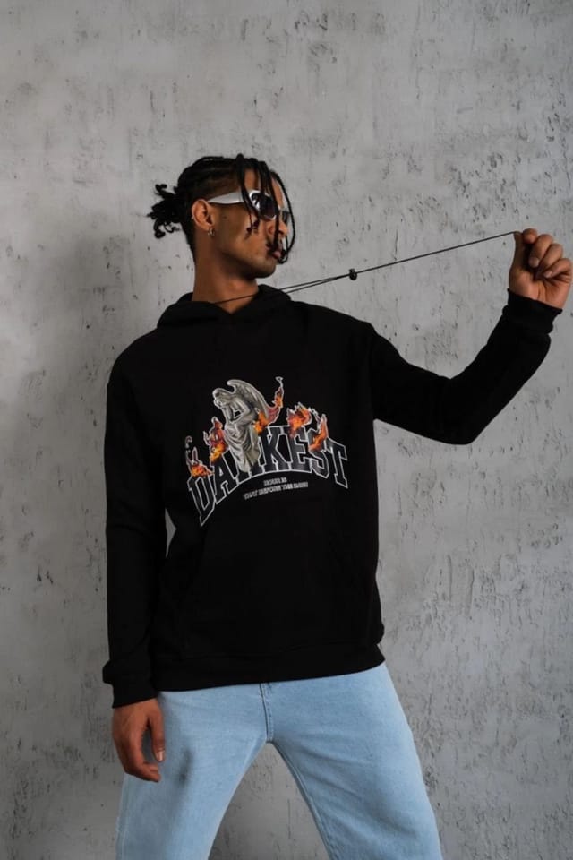 Janes Janes Men's Oversized Hooded Sweatshirt with Text Print in Black - 2