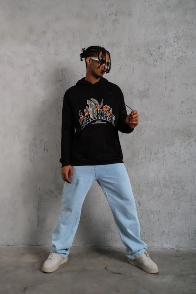 Janes Janes Men's Oversized Hooded Sweatshirt with Text Print in Black - 3