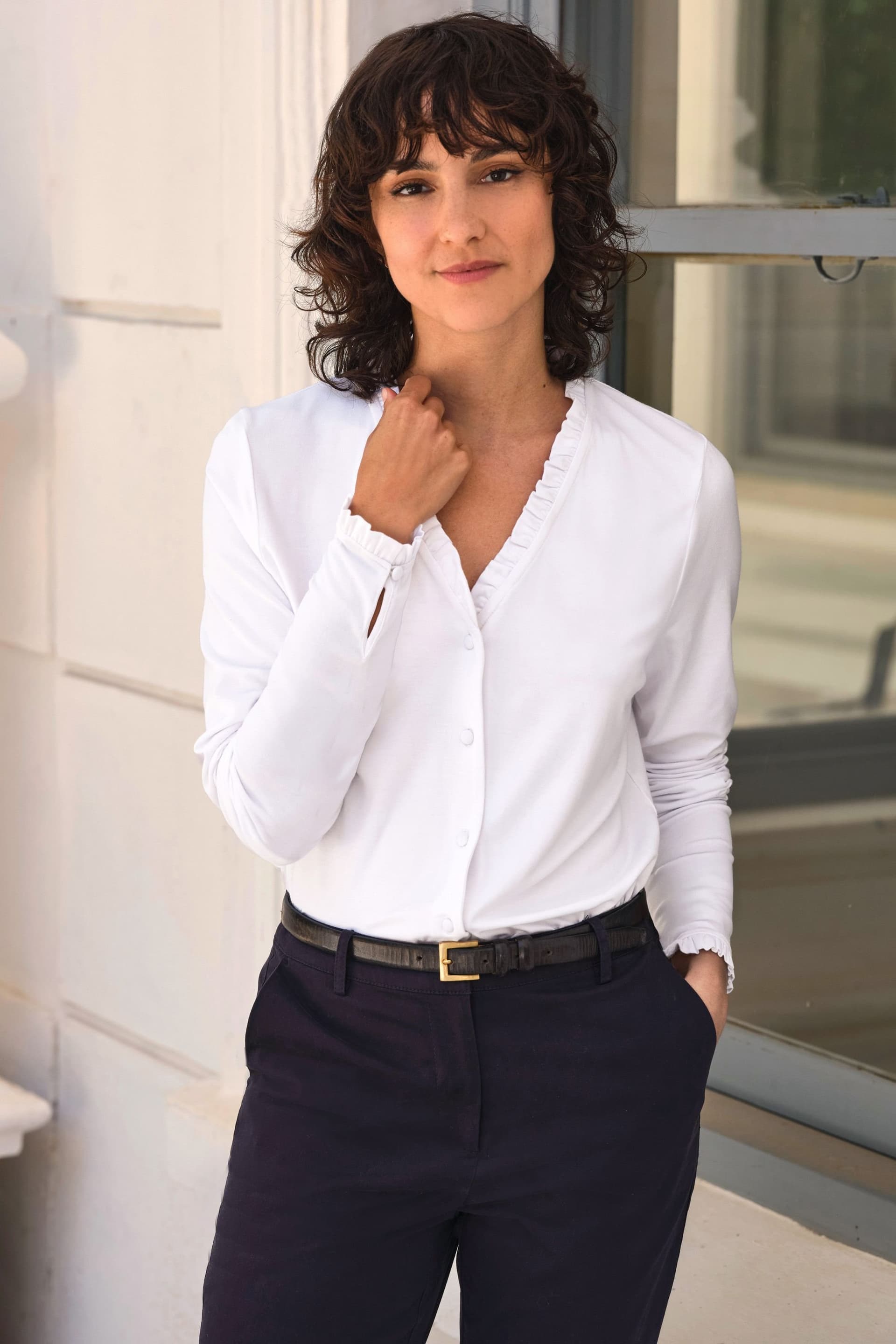 Pure Collection Pure Collection Women's Frill V Neck Top in White