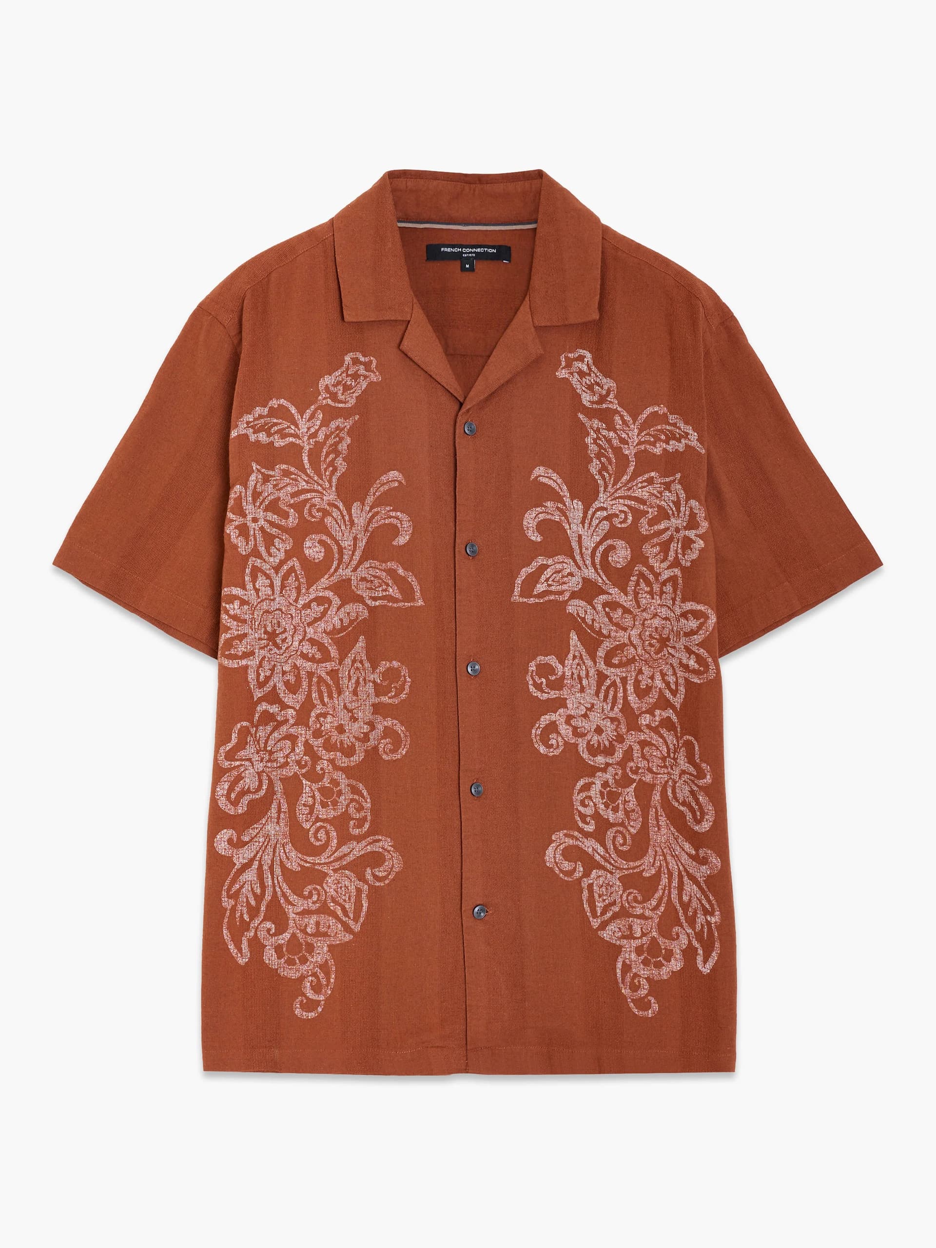 French Connection Short Sleeve Dobby Brown Floral Print Holiday Shirt Rust Brown