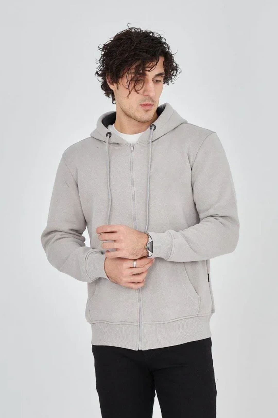 Janes Janes Men's Hooded Zip-Up Knit Cardigan in Grey
