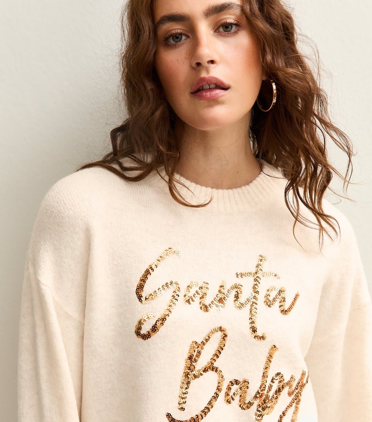 New Look Women's Cream Christmas Sequinned Santa Baby Slogan Jumper New Look