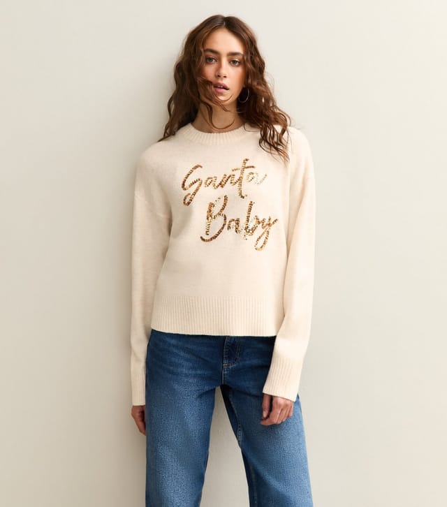 New Look Women's Cream Christmas Sequinned Santa Baby Slogan Jumper New Look - 2