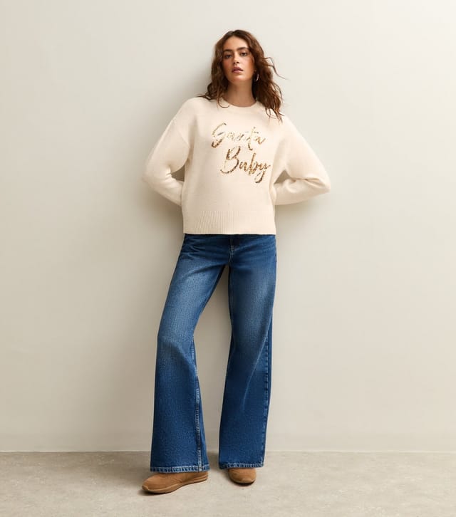 New Look Women's Cream Christmas Sequinned Santa Baby Slogan Jumper New Look - 3