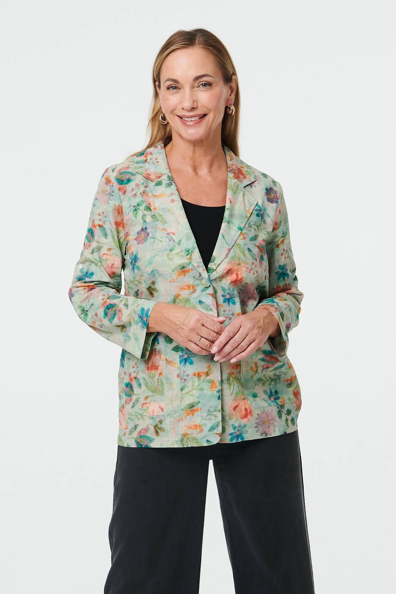 Izabel London Izabel London Women's Floral 3/4 Sleeve Casual Blazer Jacket in Green