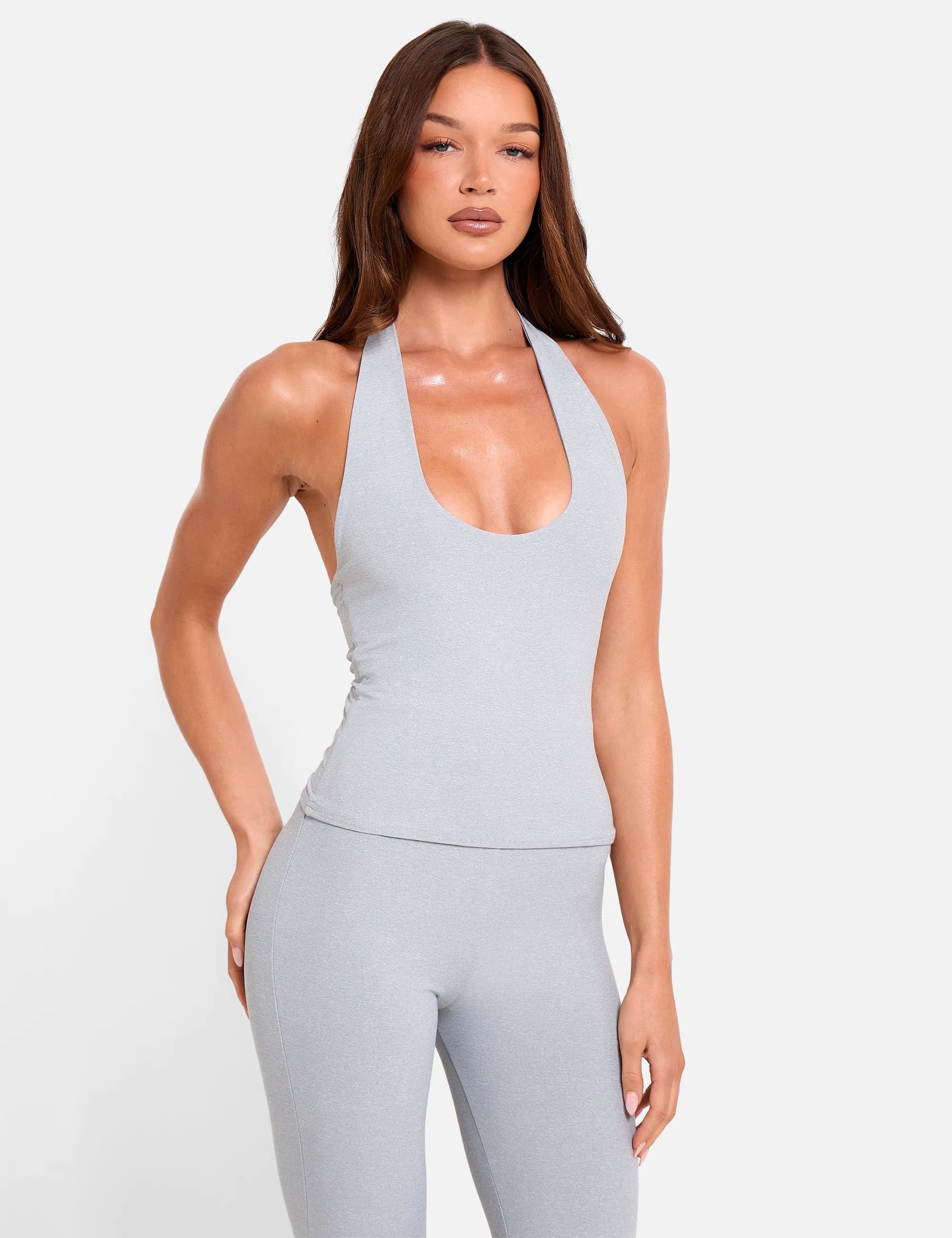 Public Desire Halterneck Luxe Slinky Top Grey Marl