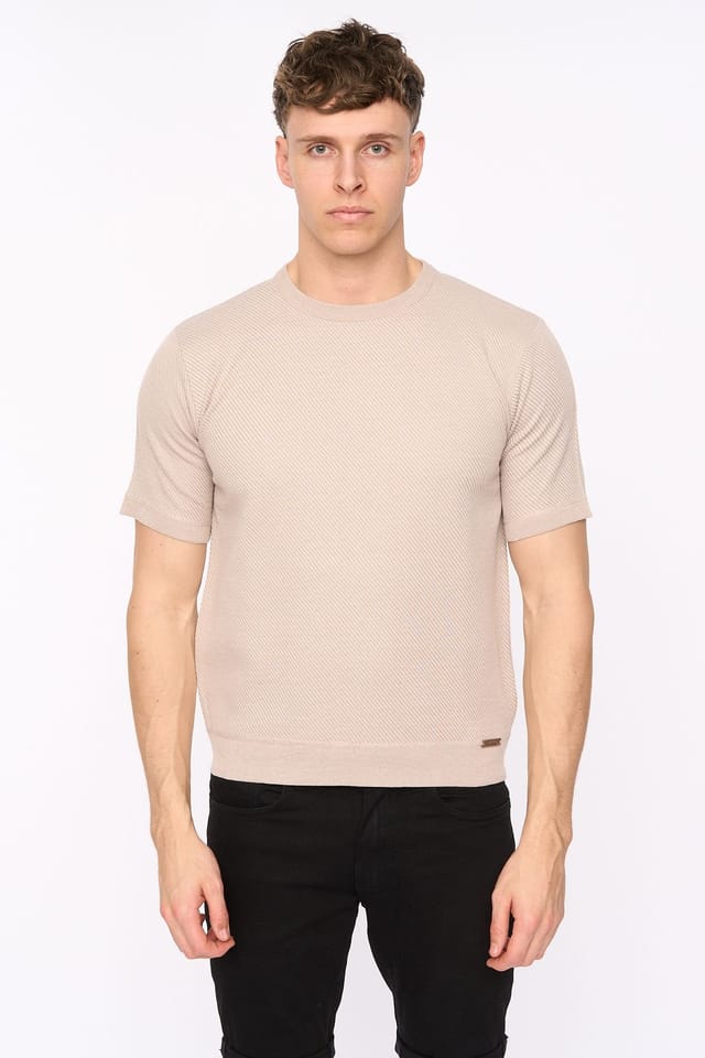 Duck&Cover Duck&Cover Men's Marvela Structured Knitted T-Shirt with Metal Badge in Stone - 3