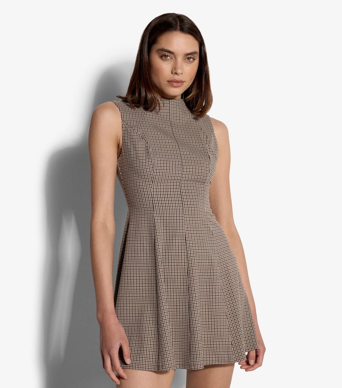 Apricot Women's Stone Check Sleeveless Flared Mini Dress Apricot New Look