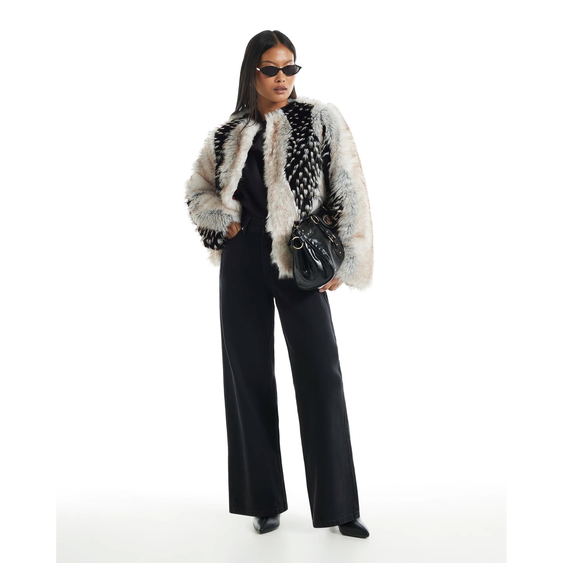 River Island River Island Womens Petite Cream Mixed Faux Fur Plush Coat
