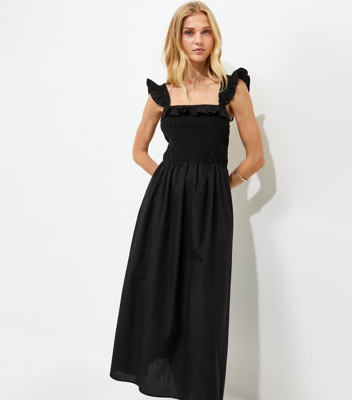 New Look Women's Black Cotton Tie Back Shirred Poplin Midi Dress New Look