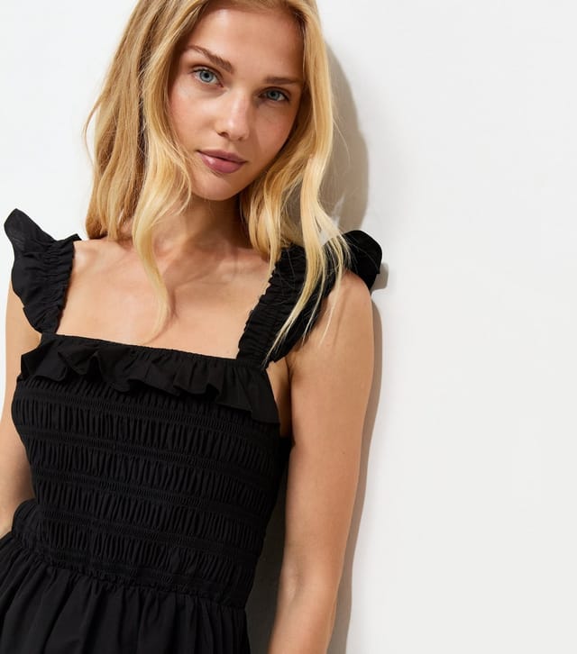 New Look Women's Black Cotton Tie Back Shirred Poplin Midi Dress New Look - 2