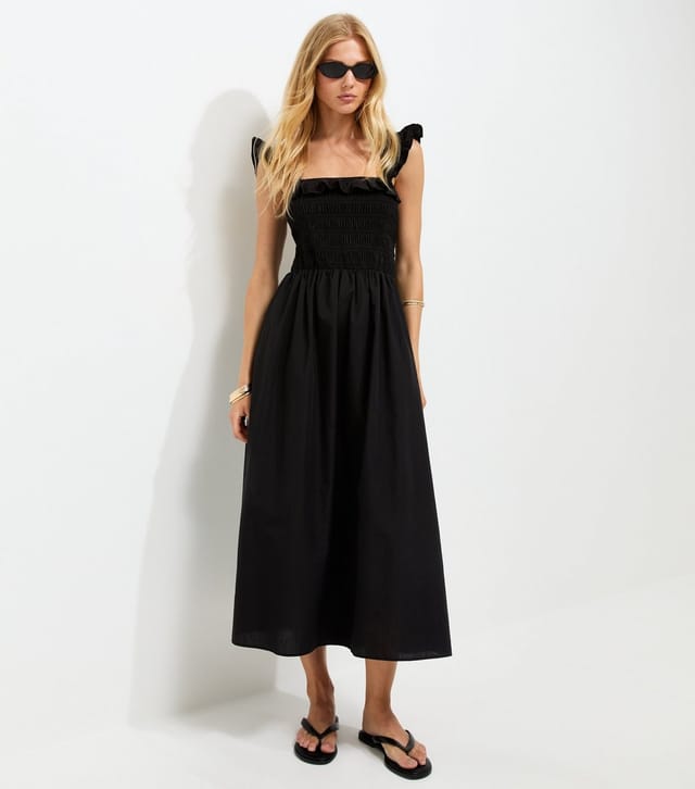 New Look Women's Black Cotton Tie Back Shirred Poplin Midi Dress New Look - 3