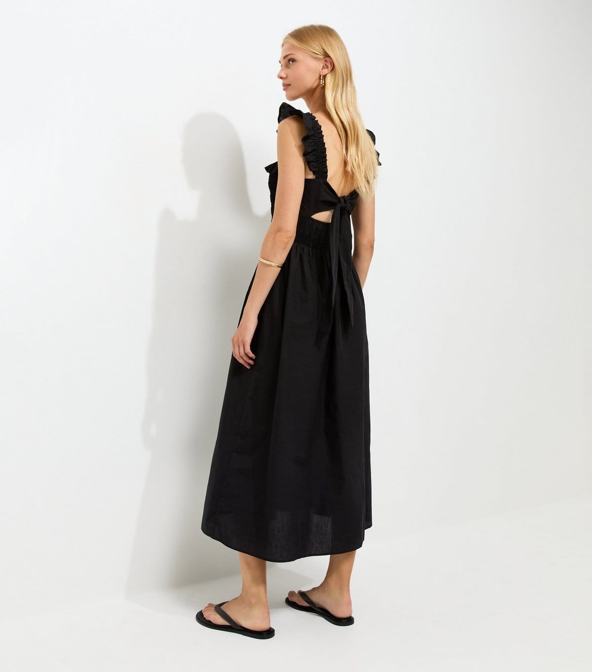 New Look Women's Black Cotton Tie Back Shirred Poplin Midi Dress New Look - 4