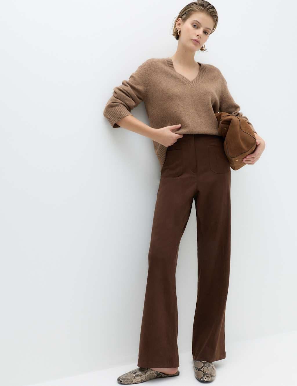 Marks & Spencer M&S Faux Suede Straight Leg Trousers Dark Chocolate