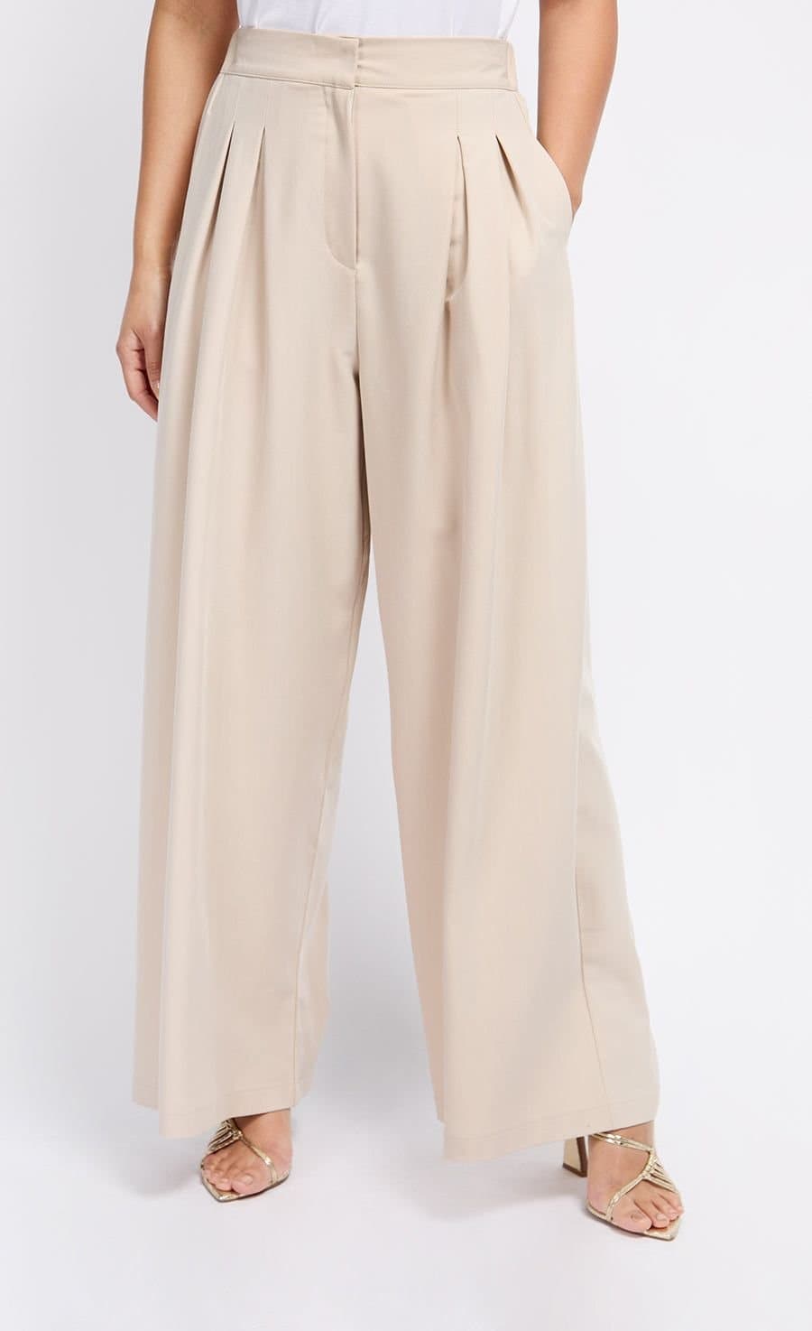 Little Mistress Little Mistress Women's Beige Pleat Wide Leg Trousers