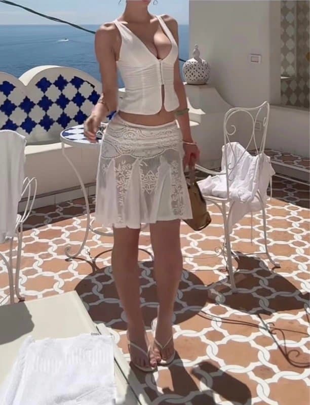 ASOS Lace Crochet Flared Mini/Midi Skirt White Size S, Santorini Italy Vacation Classy