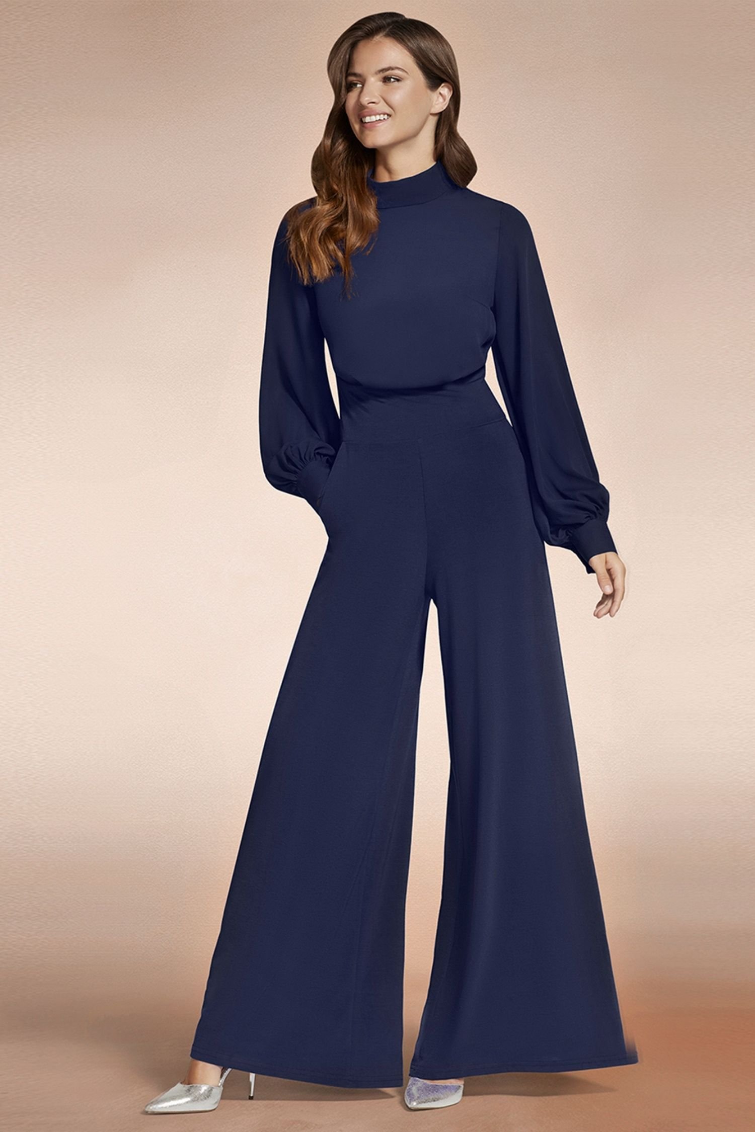 Hot Squash Hot Squash Women's Wideleg Jumpsuit with Blouson Sleeve in Navy - 3