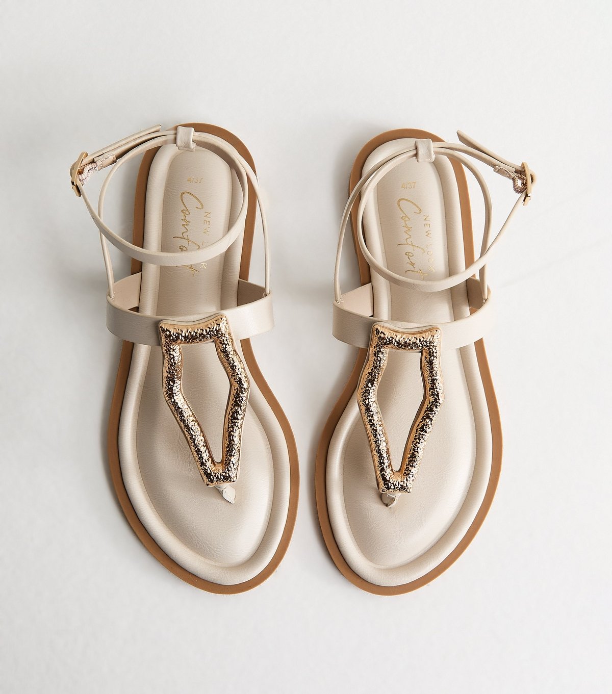 New Look Women's Off White Faux Leather Metal Detail Sandals Vegan New Look - 2