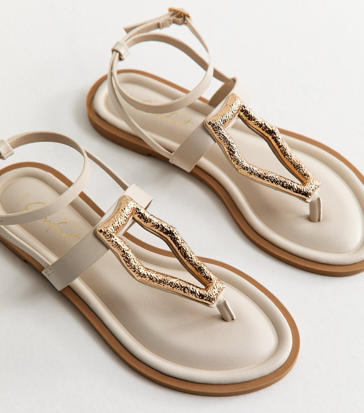 New Look Women's Off White Faux Leather Metal Detail Sandals Vegan New Look - 4