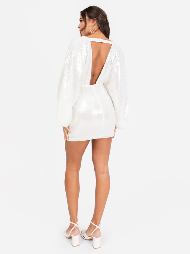 Maya Deluxe Maya Deluxe Women's Sequin Open Back Mini Dress in White - 3
