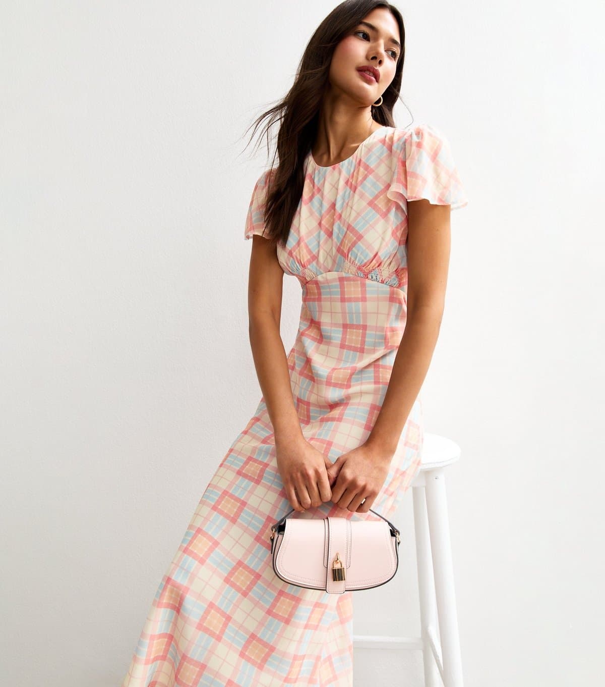 New Look Women's Pink Check Print Chiffon Midi Dress New Look