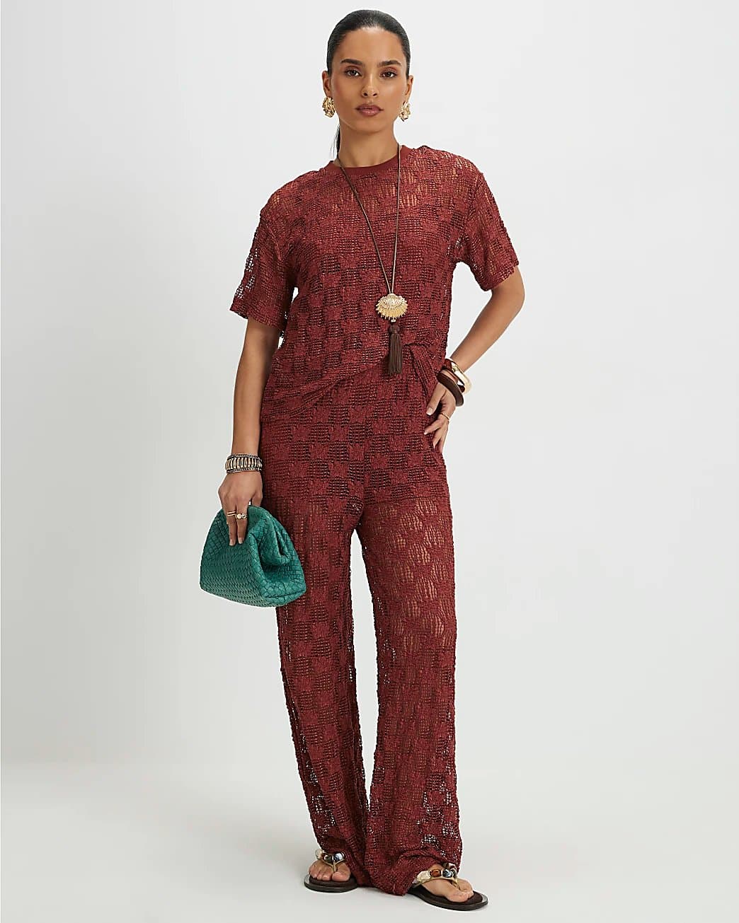River Island River Island Womens Petite Brown Crochet Lace Trousers