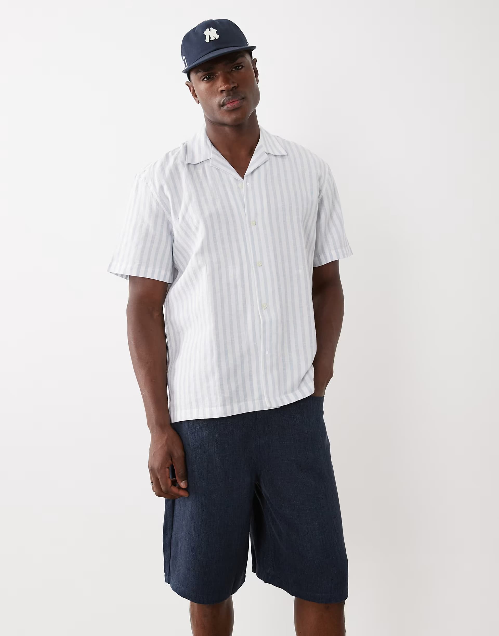 ASOS Selected linen blend short wide stripe sleeve shirt in blue