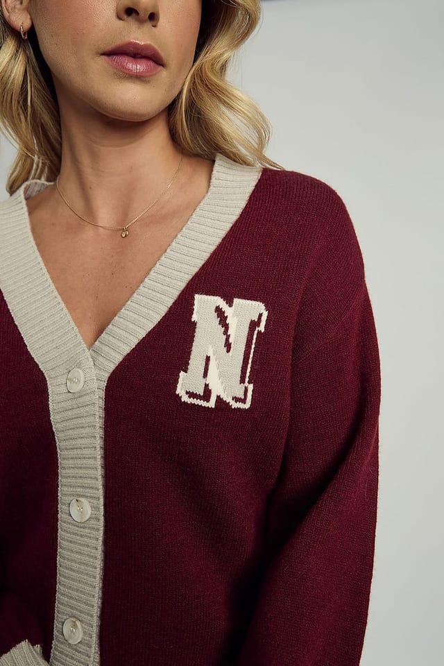 Native Youth Native Youth Women's Varsity-Style Knitted Button Cardigan in Burgundy - 3