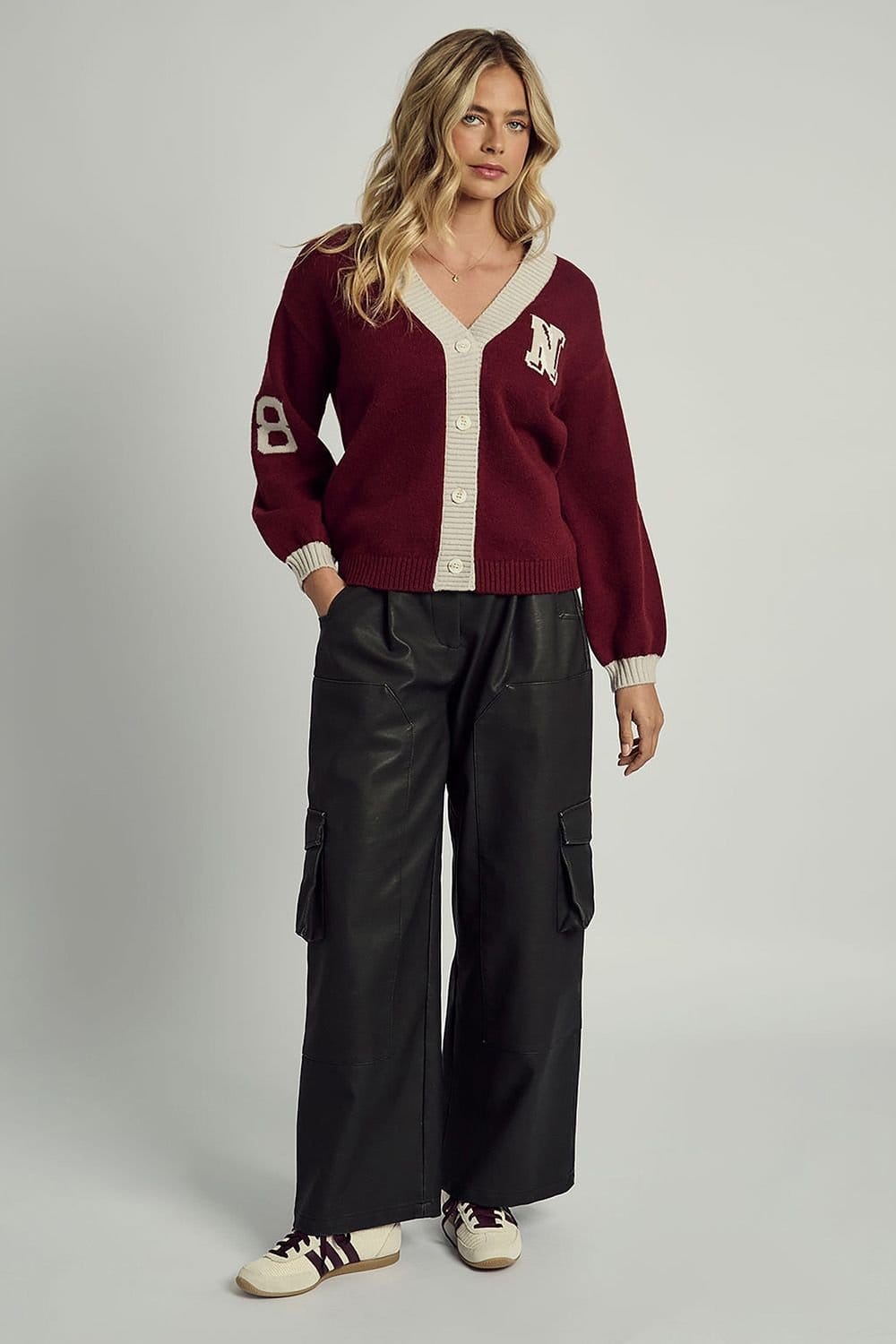 Native Youth Native Youth Women's Varsity-Style Knitted Button Cardigan in Burgundy - 4