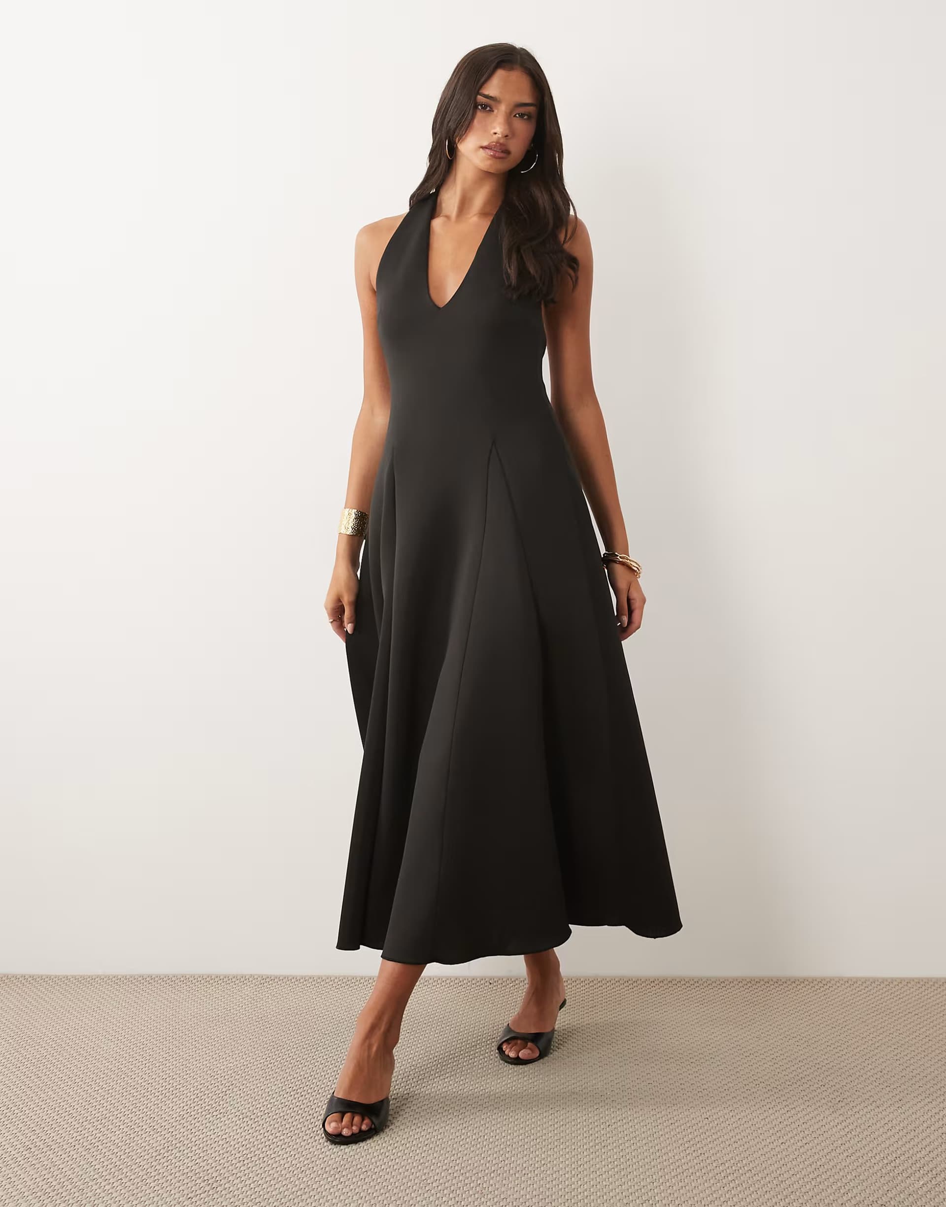 ASOS ASOS DESIGN plunge neck structured full skirt midi dress in black scuba-style fabric