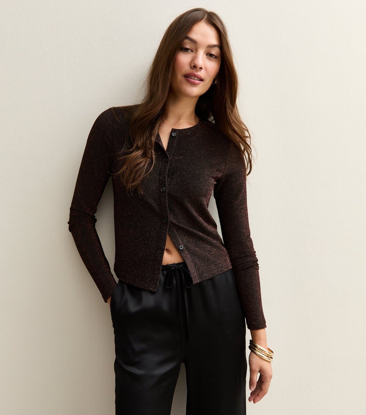 New Look Women's Dark Burgundy Metallic Crew Neck Cardigan New Look