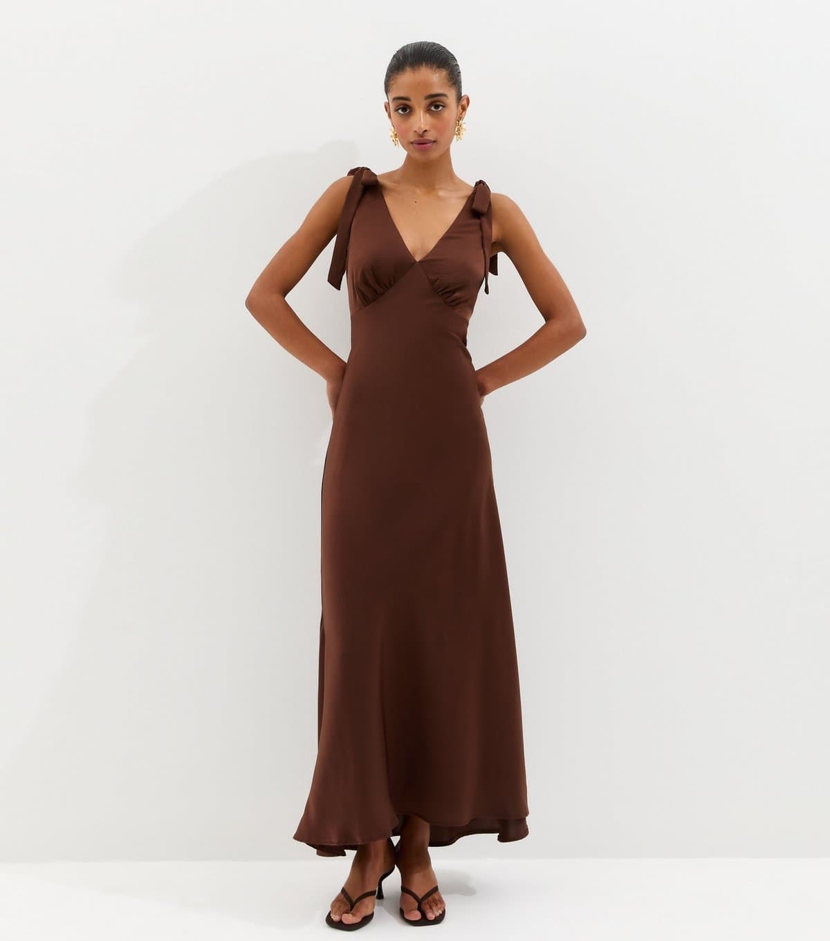 New Look Women's Dark Brown Tie Shoulder Plunge Maxi Dress New Look