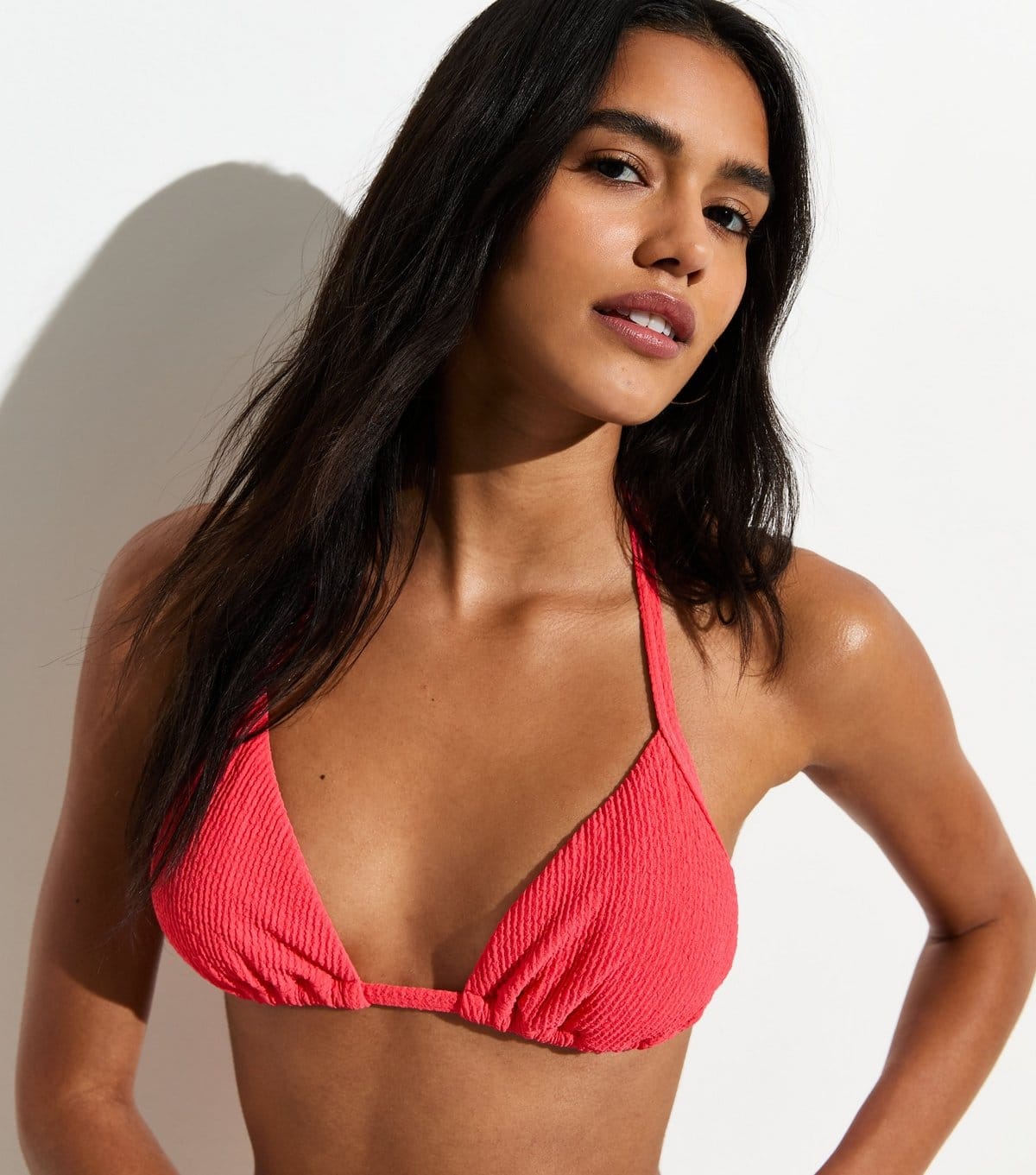 New Look Women's Coral Crinkle Triangle Bikini Top New Look - 1
