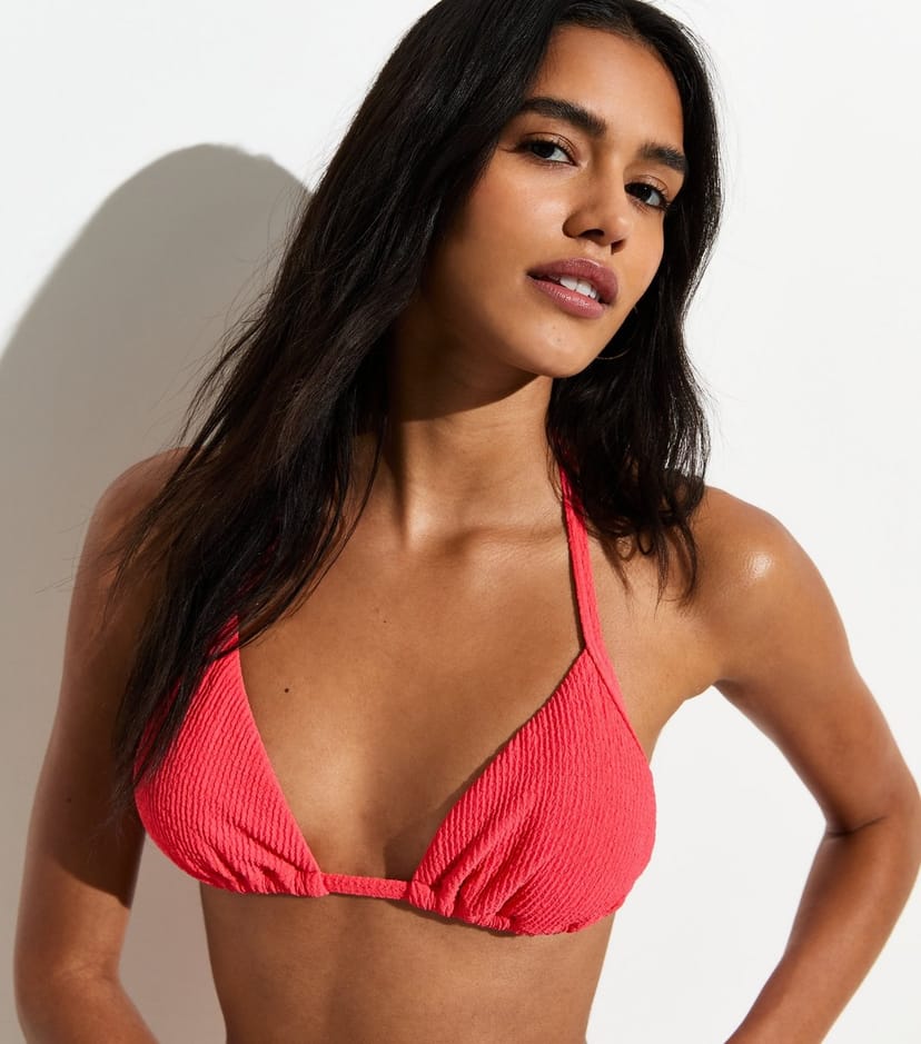 New Look Women's Coral Crinkle Triangle Bikini Top New Look - 1