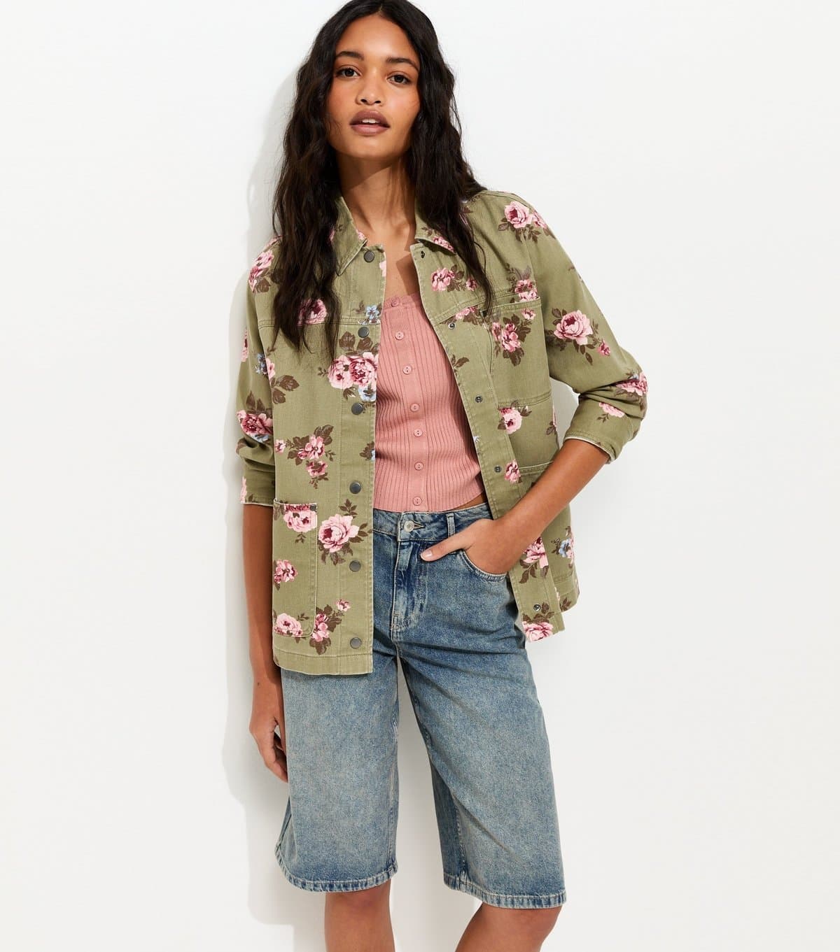 New Look Women's Green Cotton Floral Longline Shacket New Look