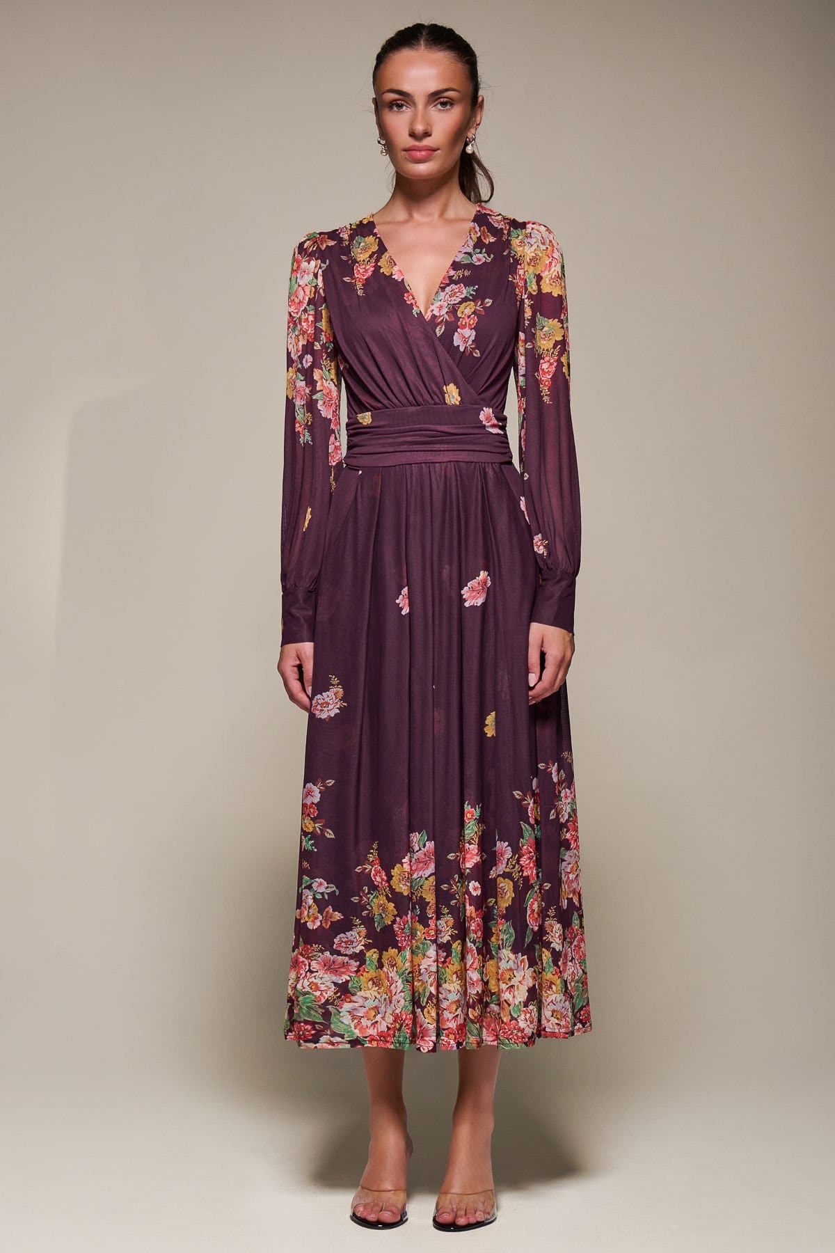 Jolie Moi Jolie Moi Women's Long Sleeve Printed Mesh Midaxi Dress in Burgundy