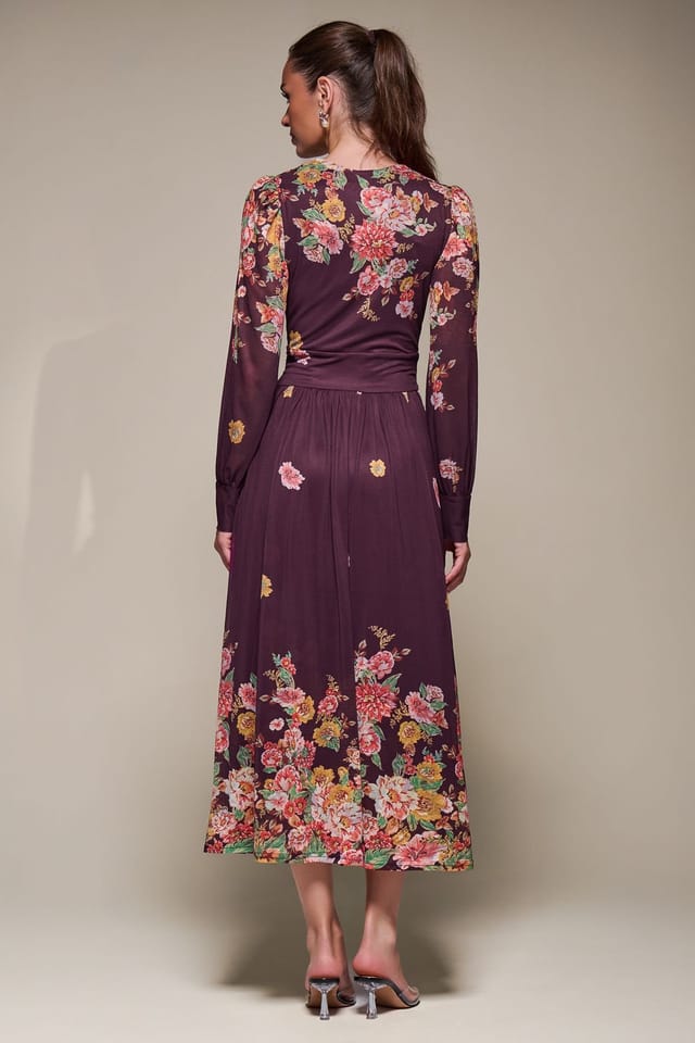 Jolie Moi Jolie Moi Women's Long Sleeve Printed Mesh Midaxi Dress in Burgundy - 2