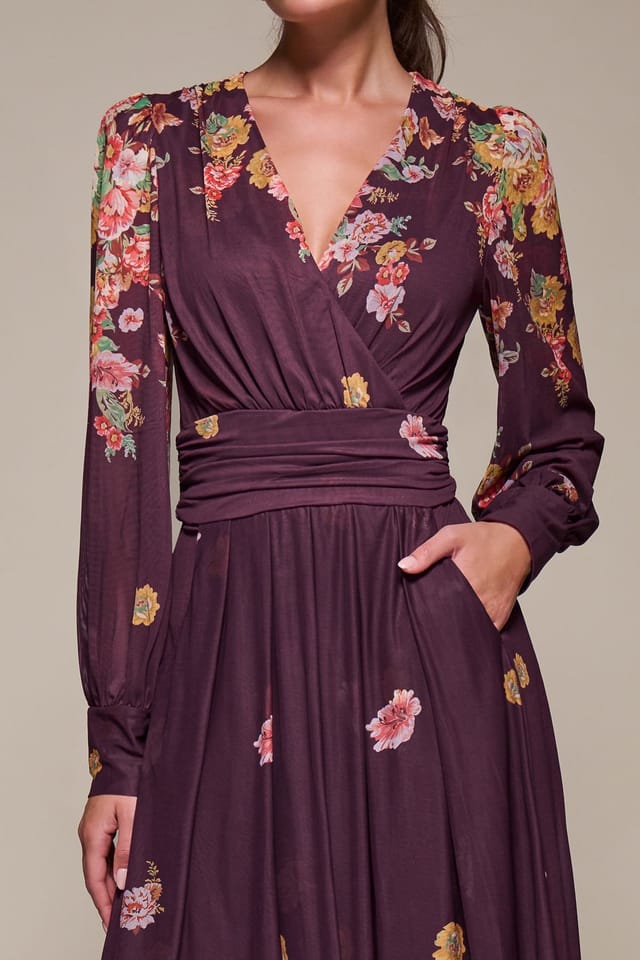 Jolie Moi Jolie Moi Women's Long Sleeve Printed Mesh Midaxi Dress in Burgundy - 3