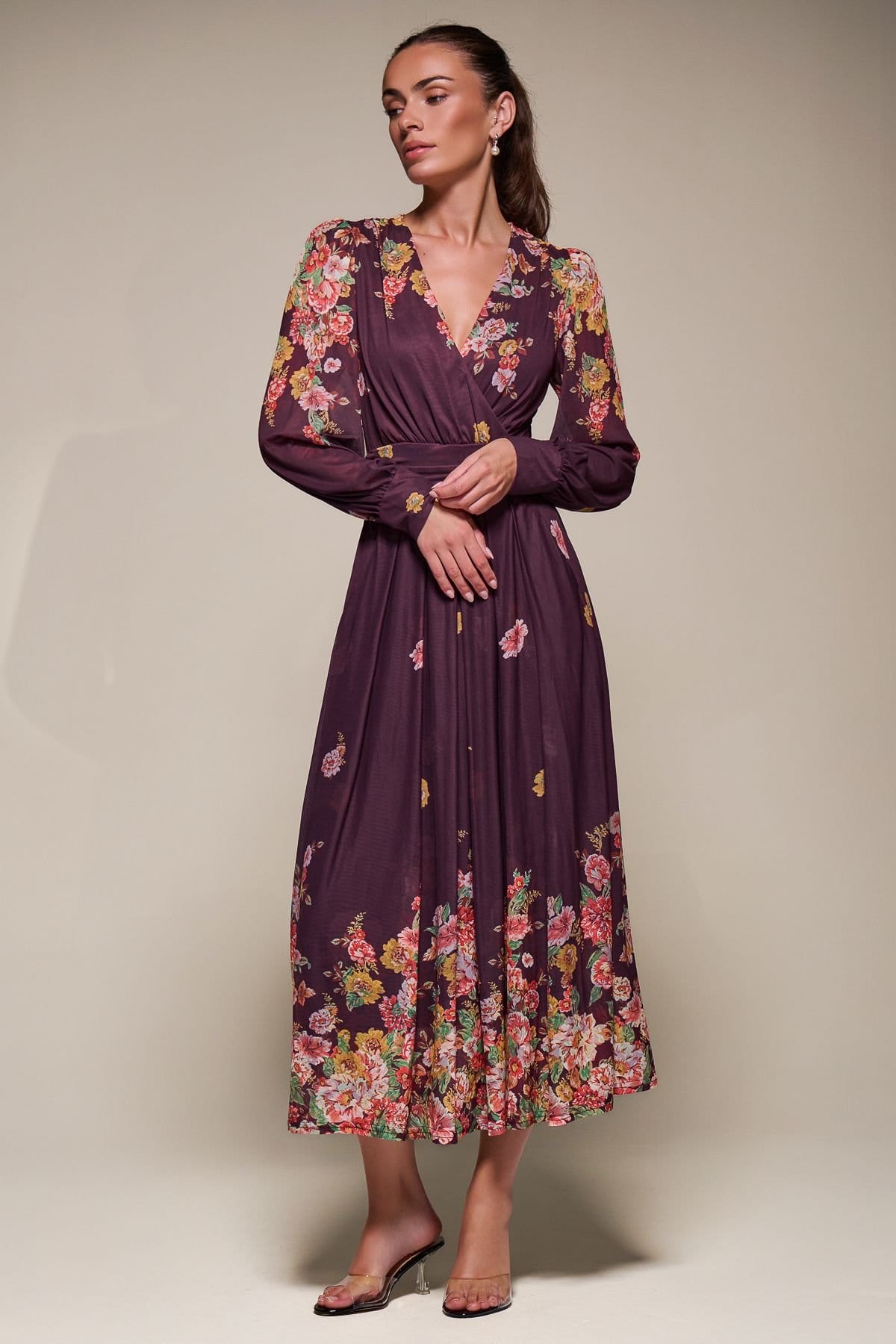 Jolie Moi Jolie Moi Women's Long Sleeve Printed Mesh Midaxi Dress in Burgundy - 4